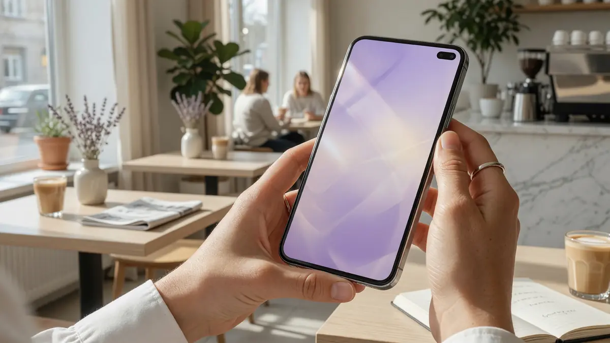 Hands holding a phone with a clean esports companion interface blur