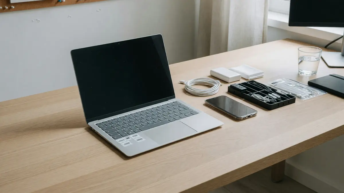Clean download desk with laptop and phone side by side