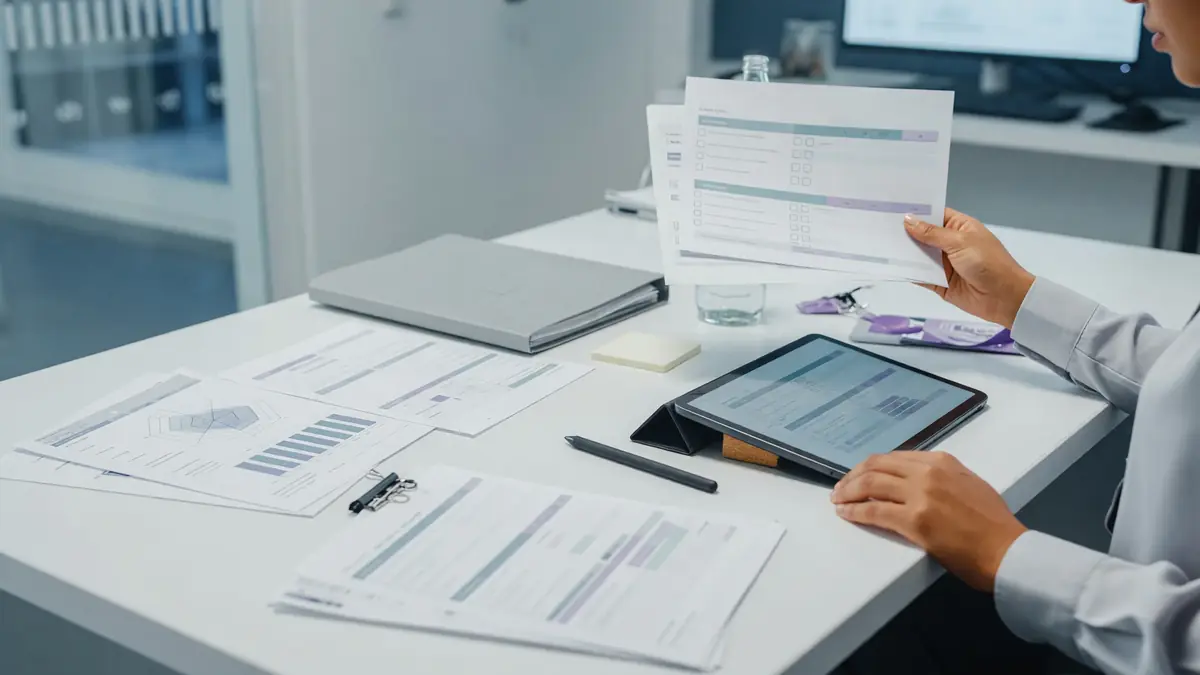 Reviewer desk with notes evaluating a digital product