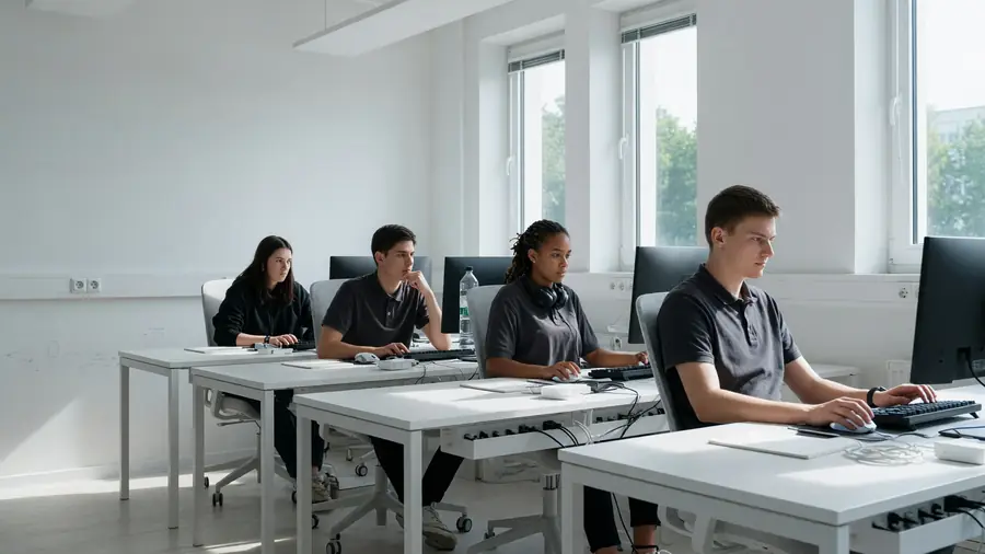 Team practice room with shared screens and notebooks
