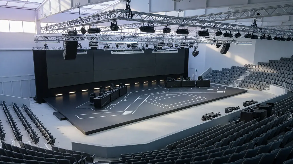 Esports tournament floor with bright seating and stage architecture