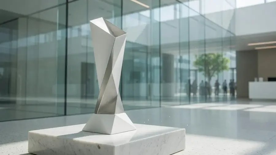 Minimal trophy table in a bright press room